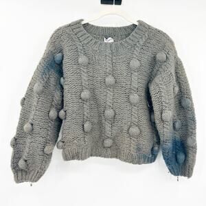 Mirstores Women Cozy Chunky Hand Knit Pom Pom Knot 100% Wool Sweater‎ XS Gray